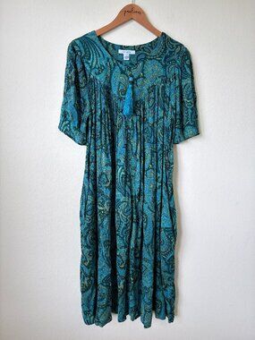 New Go Softly Kaftan Dress Womens Medium Blue Teal Boho Muumuu Tassel India M